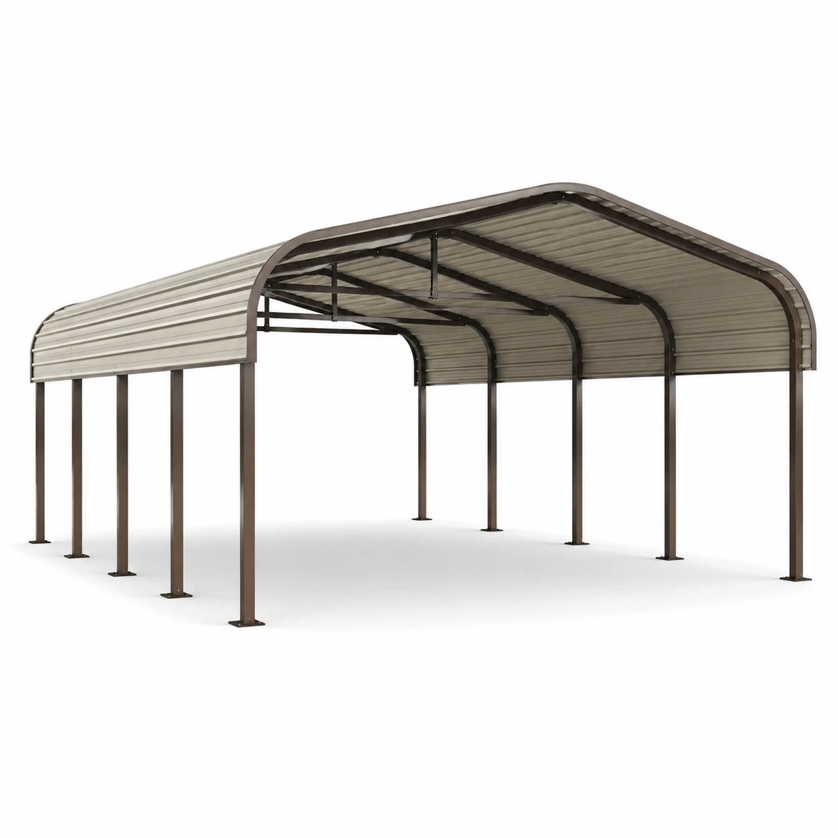 Abri de voiture double en acier brun et gris avec toit arqué, 600 × 600 × 300 cm