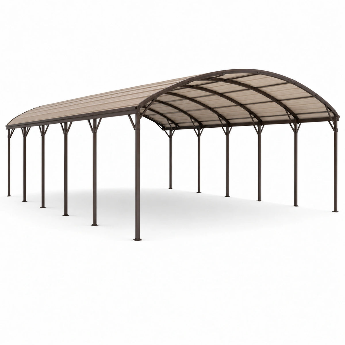 Carport double en acier brun avec toiture en polycarbonate taupe, 600 × 600 × 300 cm