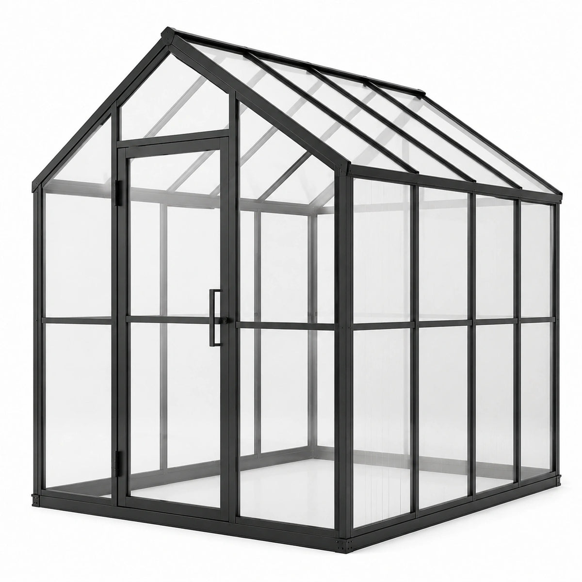 Serre de jardin contemporaine en aluminium noir et polycarbonate transparent, 190 × 190 × 195 cm, avec porte battante