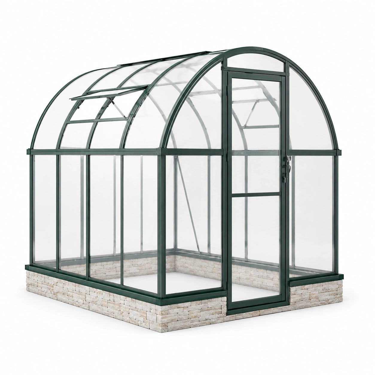 Serre de jardin en aluminium vert foncé 250 × 190 × 225 cm avec panneaux transparents, toit arqué et lucarnes