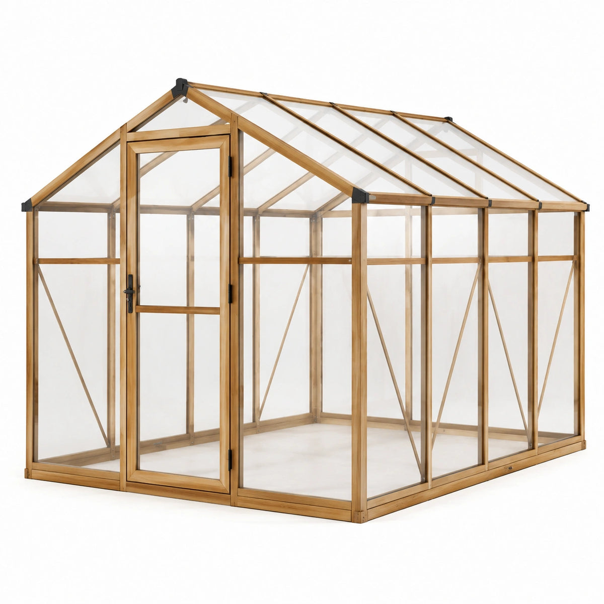 Serre de jardin en bois brun avec panneaux transparents et porte battante, 244 × 185 × 220 cm