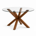 Table à manger ronde Ø 120 × H 75 cm, plateau en verre transparent et piètement en bois marron