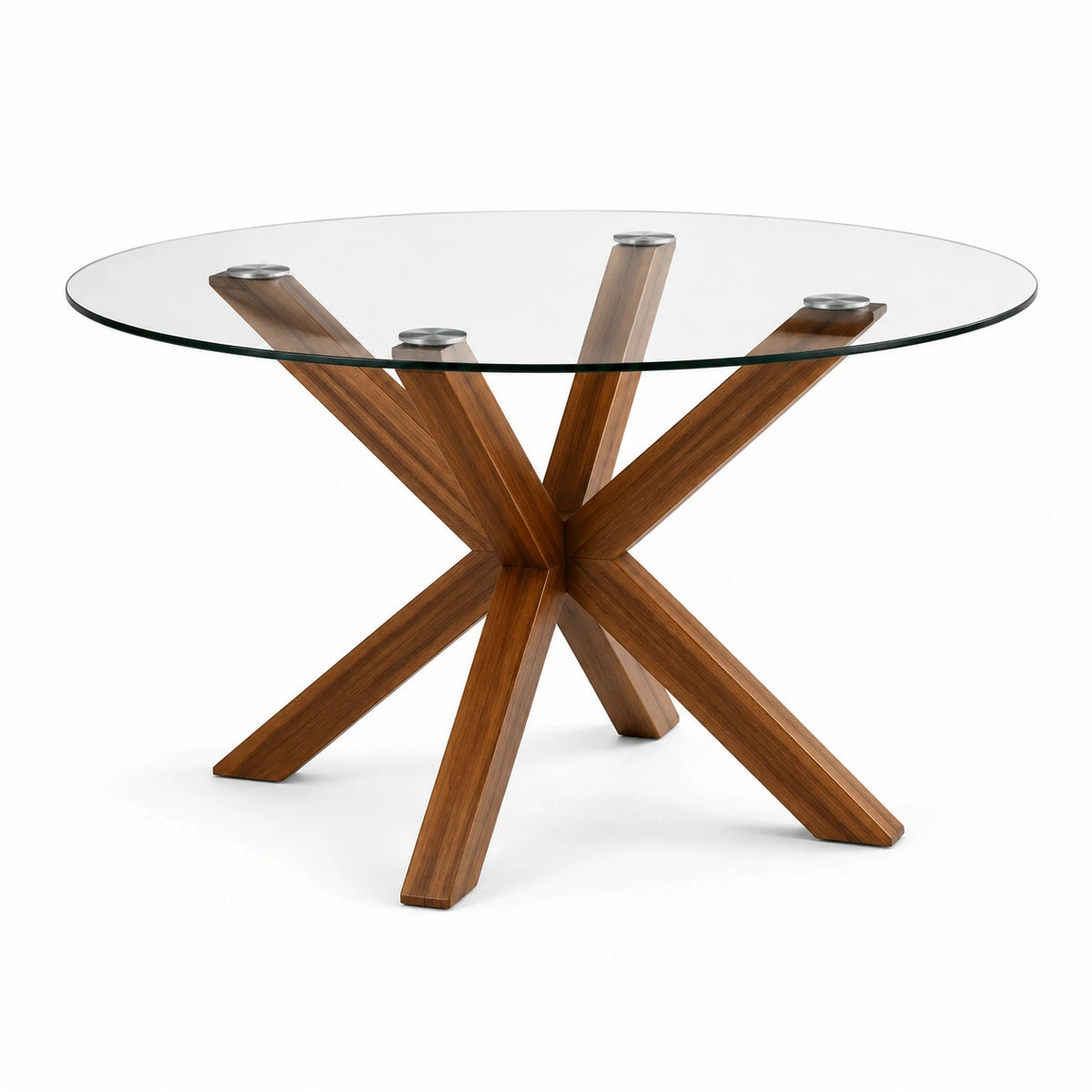 Table à manger ronde Ø 120 × H 75 cm, plateau en verre transparent et piètement en bois marron