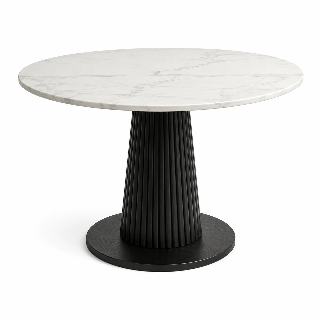 Table ronde Ø 110 × H 75 cm, plateau blanc effet marbre et pied central cannelé noir
