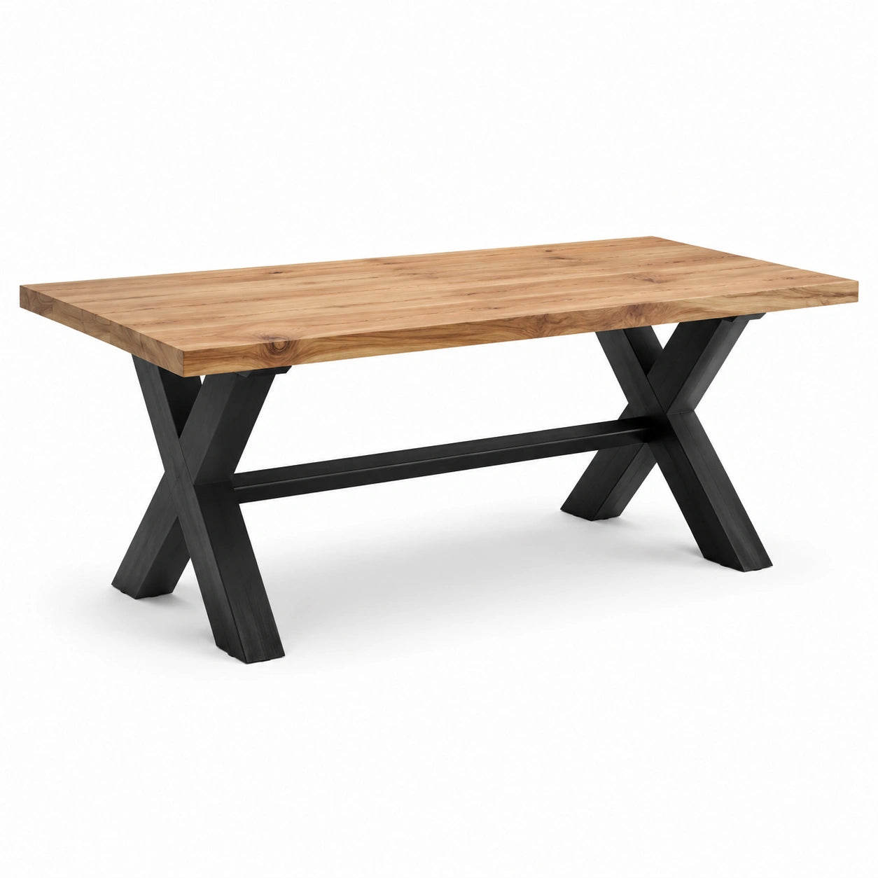 Table rectangulaire en bois naturel avec pieds croisés en métal noir, 180 × 90 × 76 cm
