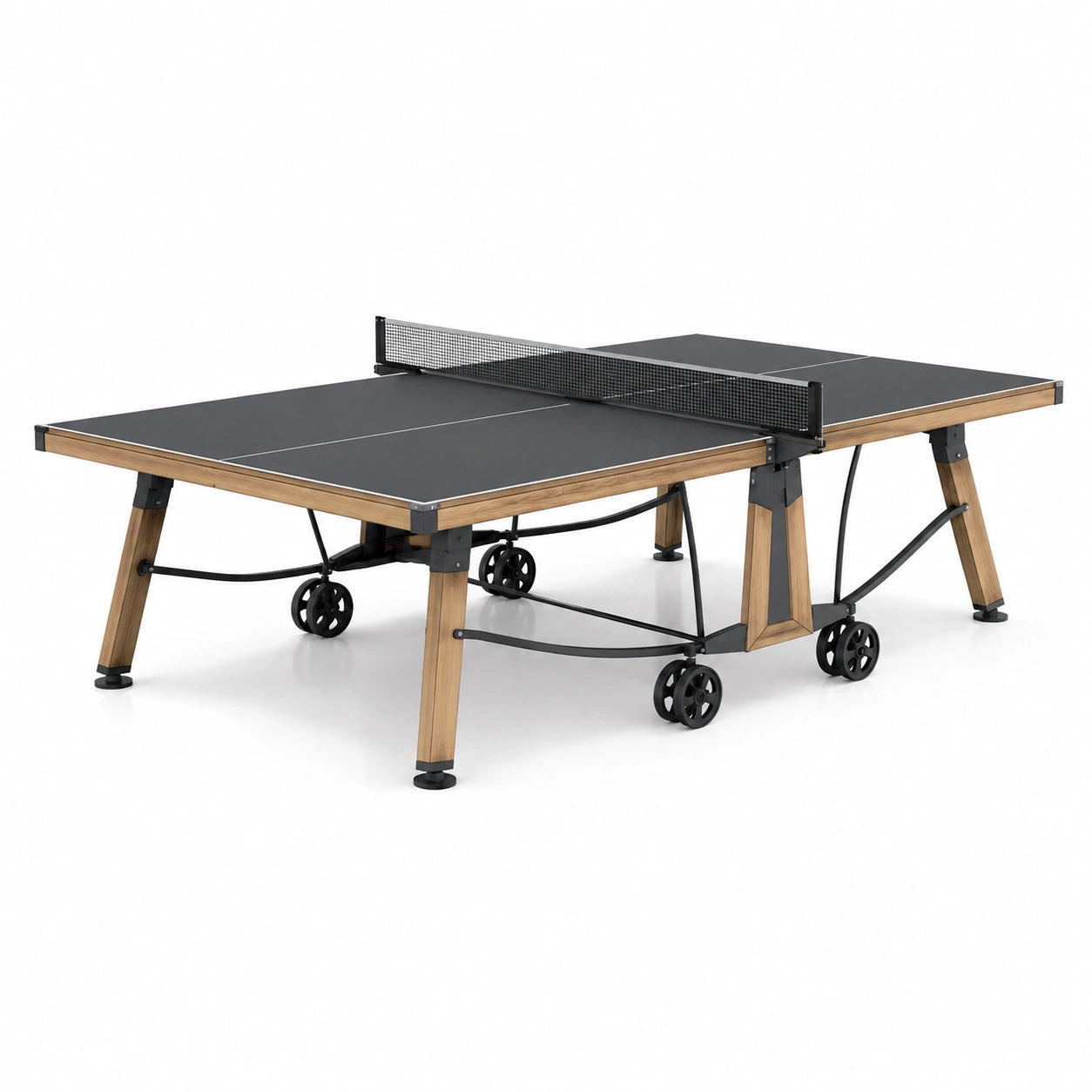Table de tennis de table noire et marron 274 × 152,5 × 76 cm avec filet, pieds réglables et roulettes