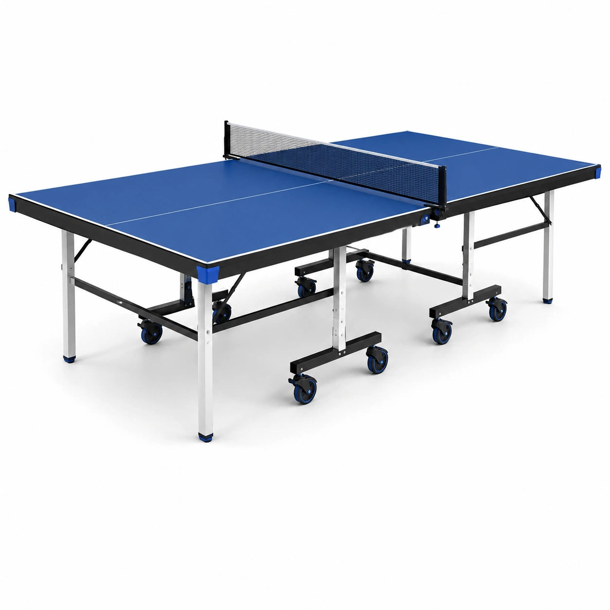 Table de tennis de table pliable d'intérieur avec filet et roulettes, bleue, 274 × 152,5 × 76 cm