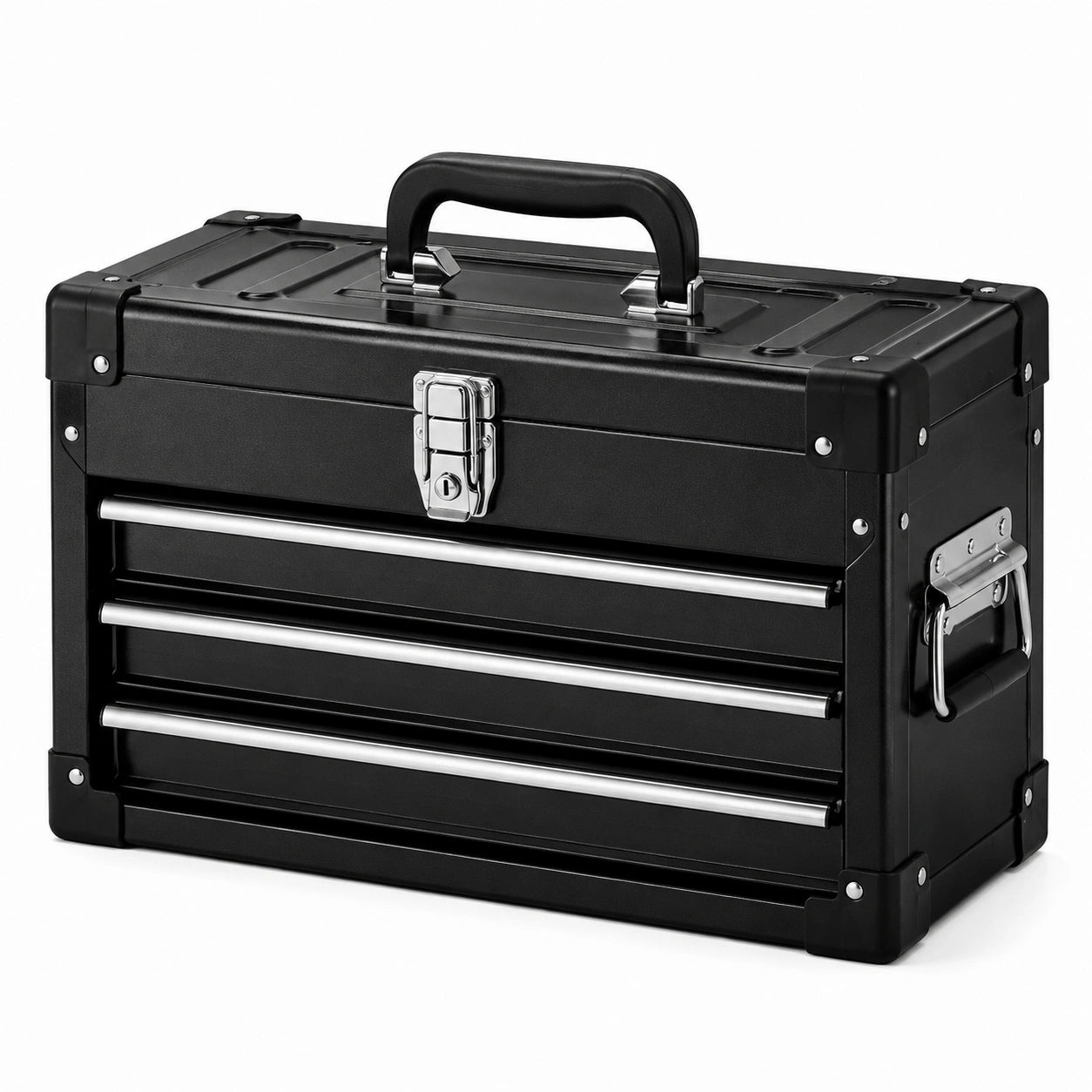 Coffre à outils portable noir et argenté avec 3 tiroirs et compartiment supérieur, 52 × 22 × 36 cm