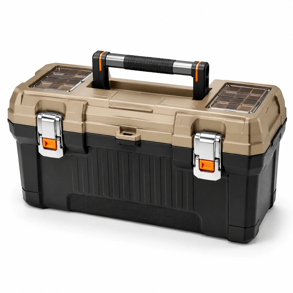 Boîte à outils 53 × 27 × 25 cm, noir, beige, orange et argenté, avec fermoirs métalliques et poignée rabattable