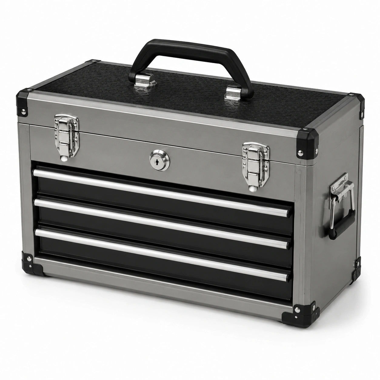 Boîte à outils verrouillable avec 3 tiroirs et compartiment supérieur, 51 × 25 × 38 cm, noir et argenté