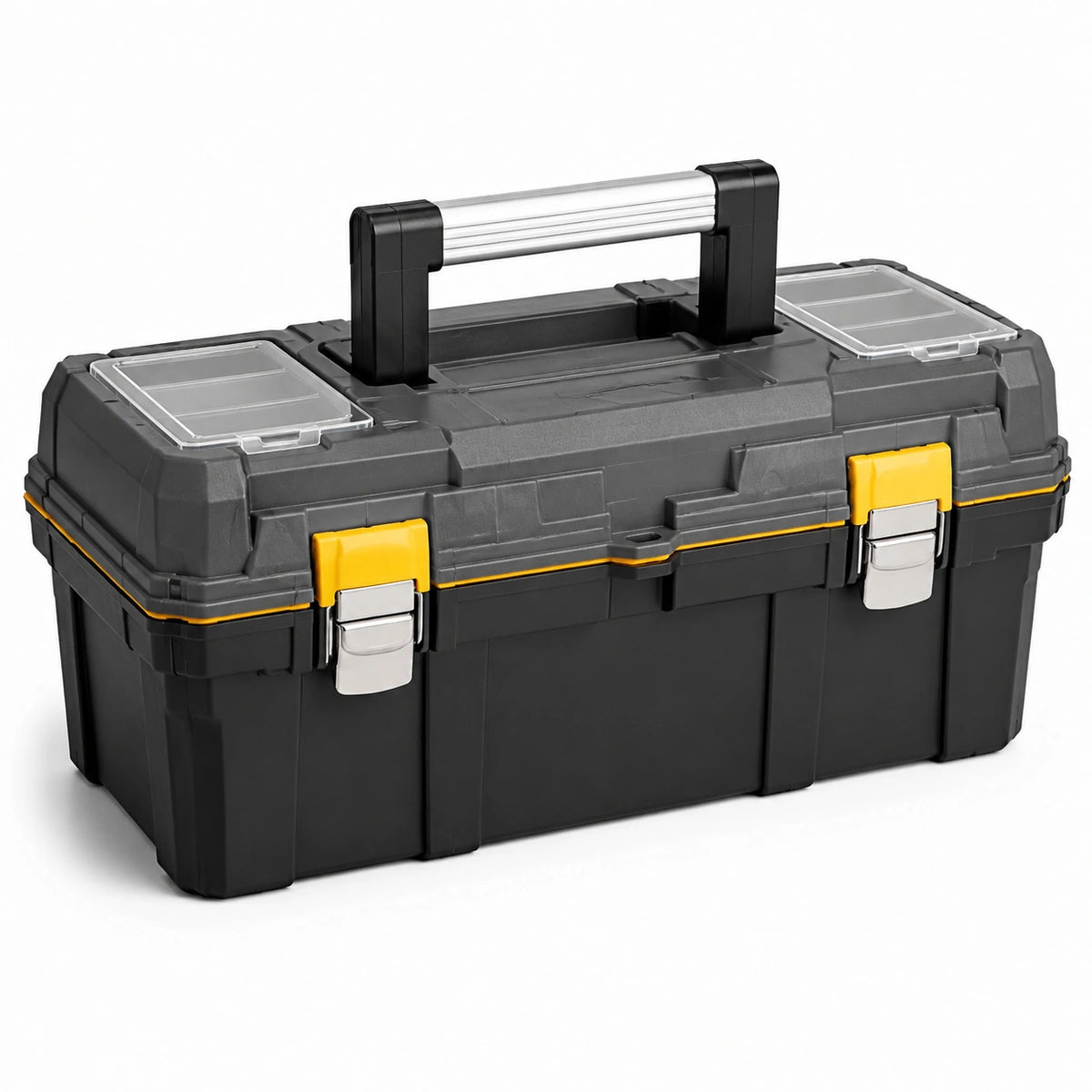 Boîte à outils noire et jaune 56 × 28 × 30 cm avec loquets métalliques, poignée rabattable et compartiments transparents