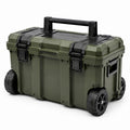 Caisse mobile en plastique rigide vert olive et noir, 80 × 48 × 55 cm, avec 4 roues et poignée