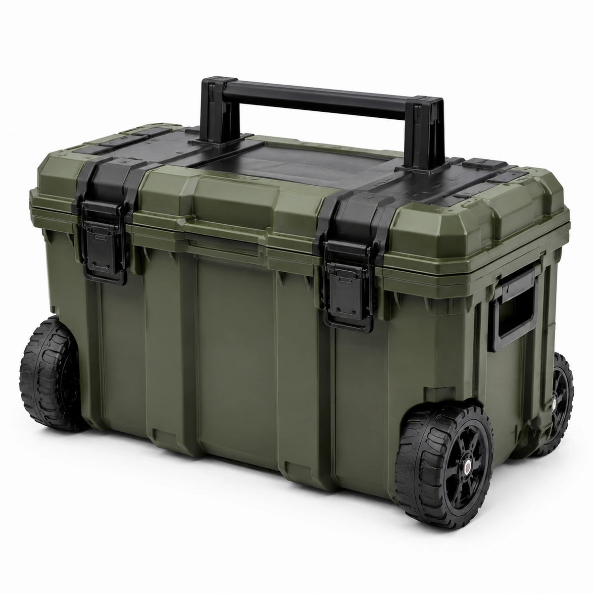 Caisse mobile en plastique rigide vert olive et noir, 80 × 48 × 55 cm, avec 4 roues et poignée