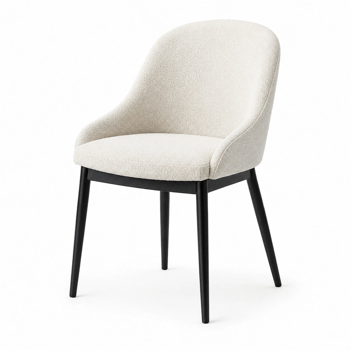 Chaise contemporaine en tissu bouclé écru avec pieds en bois noir, 58 × 60 × 82 cm