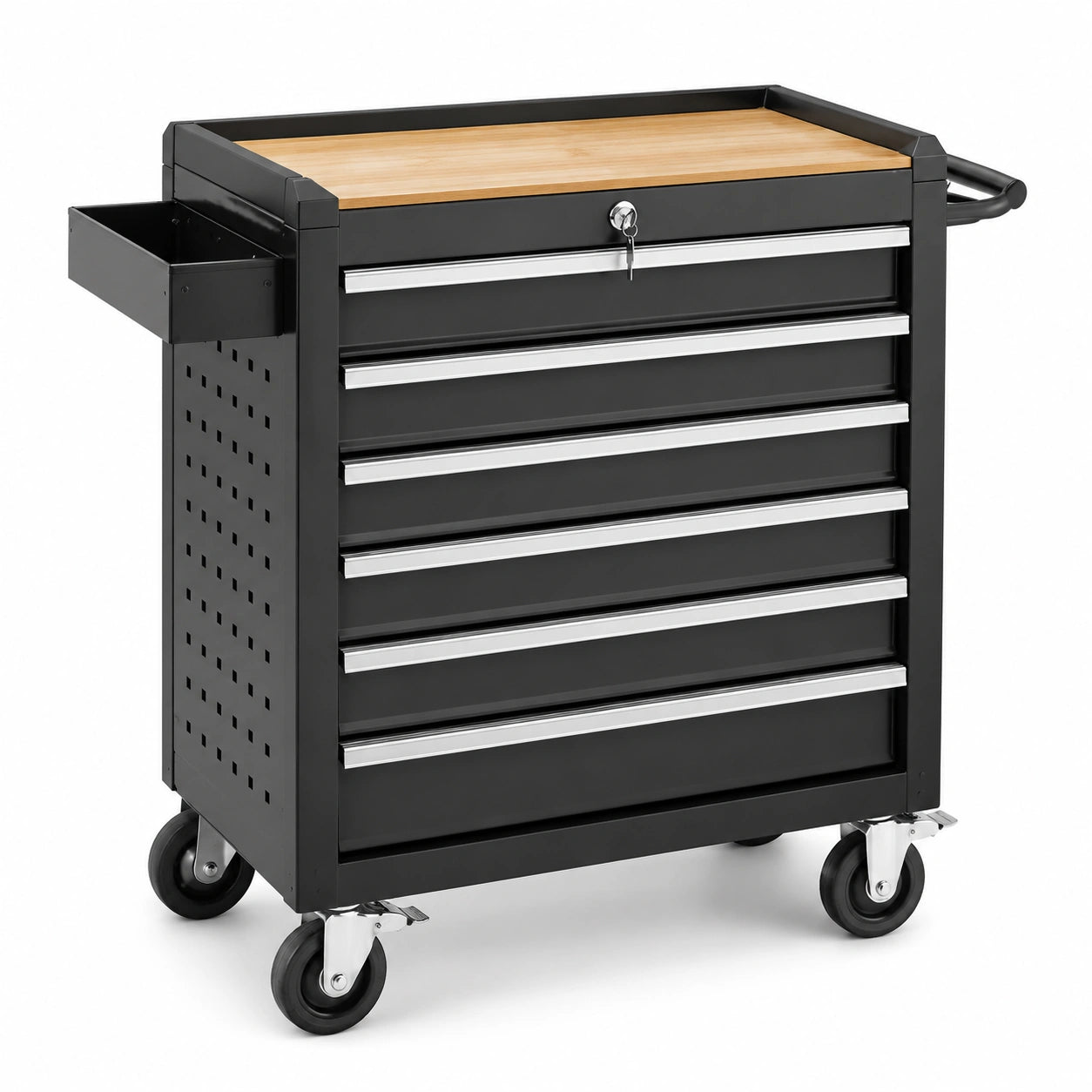 Servante d'atelier mobile noire à 6 tiroirs avec plateau en bois, bac latéral et 4 roulettes – 92 × 46 × 88 cm