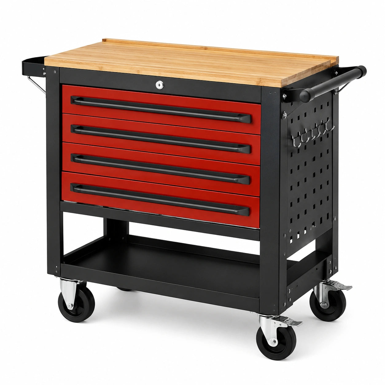 Servante d'atelier mobile à 4 tiroirs avec plateau en bois, rouge et noire, 76 × 46 × 88 cm