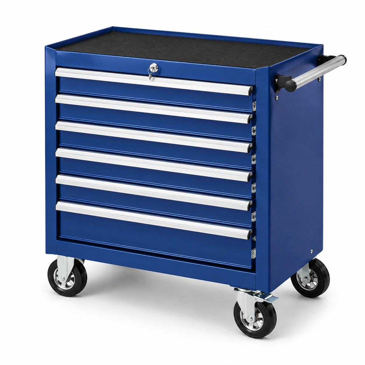 Servante d'atelier mobile en acier bleu à 6 tiroirs verrouillables, 4 roulettes, 77 × 46 × 97 cm