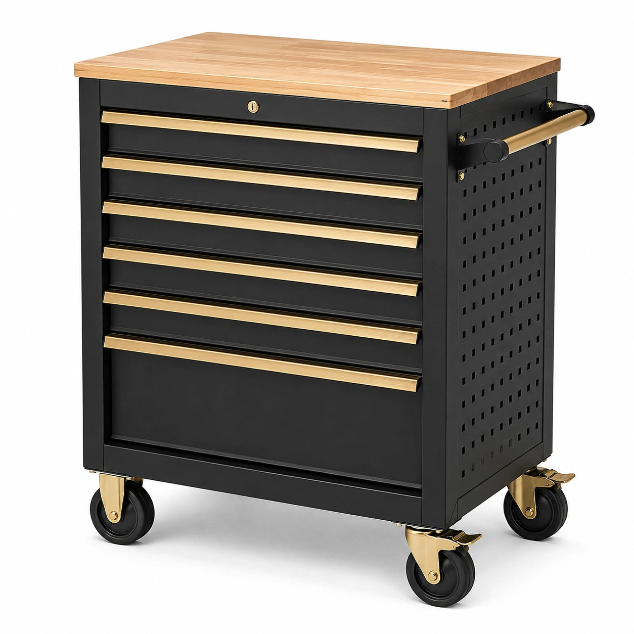 Servante d'atelier mobile en acier à 6 tiroirs verrouillables avec plateau finition bois, 77 × 46 × 89 cm, noir, doré et bois naturel
