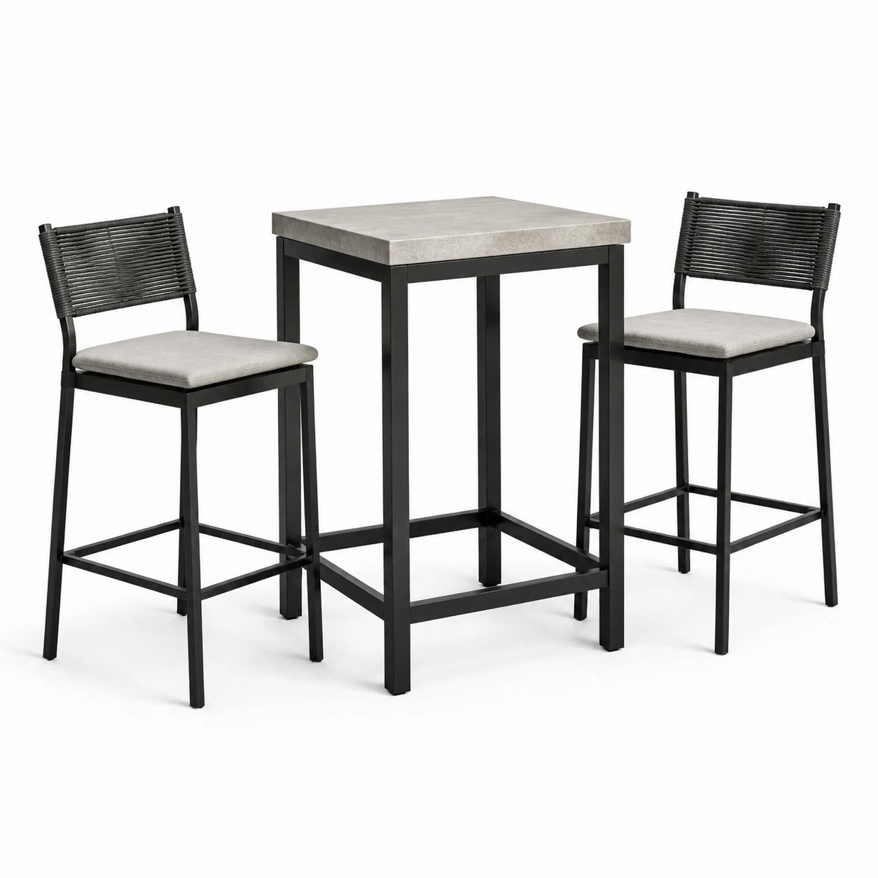 Ensemble repas 3 pièces avec table haute 80 × 80 × 90 cm et 2 tabourets 45 × 50 × 100 cm, noir et gris, style industriel