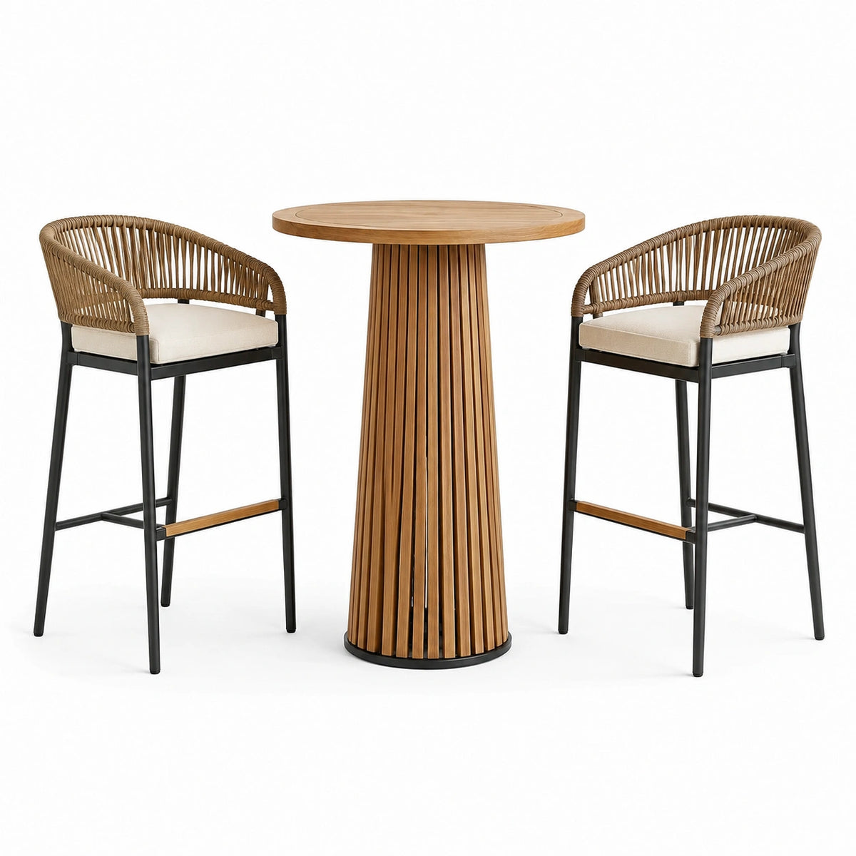 Ensemble de bar 3 pièces marron, beige et noir avec table ronde Ø 80 × H 105 cm et 2 tabourets L 58 × P 58 × H 104 cm