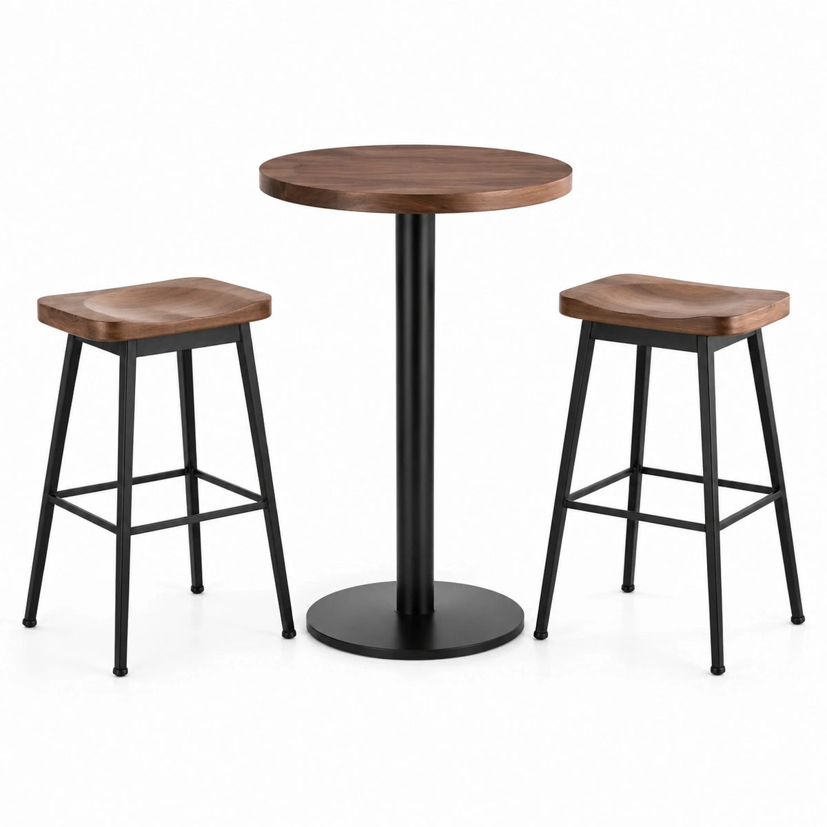 Ensemble 3 pièces brun et noir avec table ronde Ø 80 × H 100 cm et 2 tabourets 40 × 40 × H 70 cm