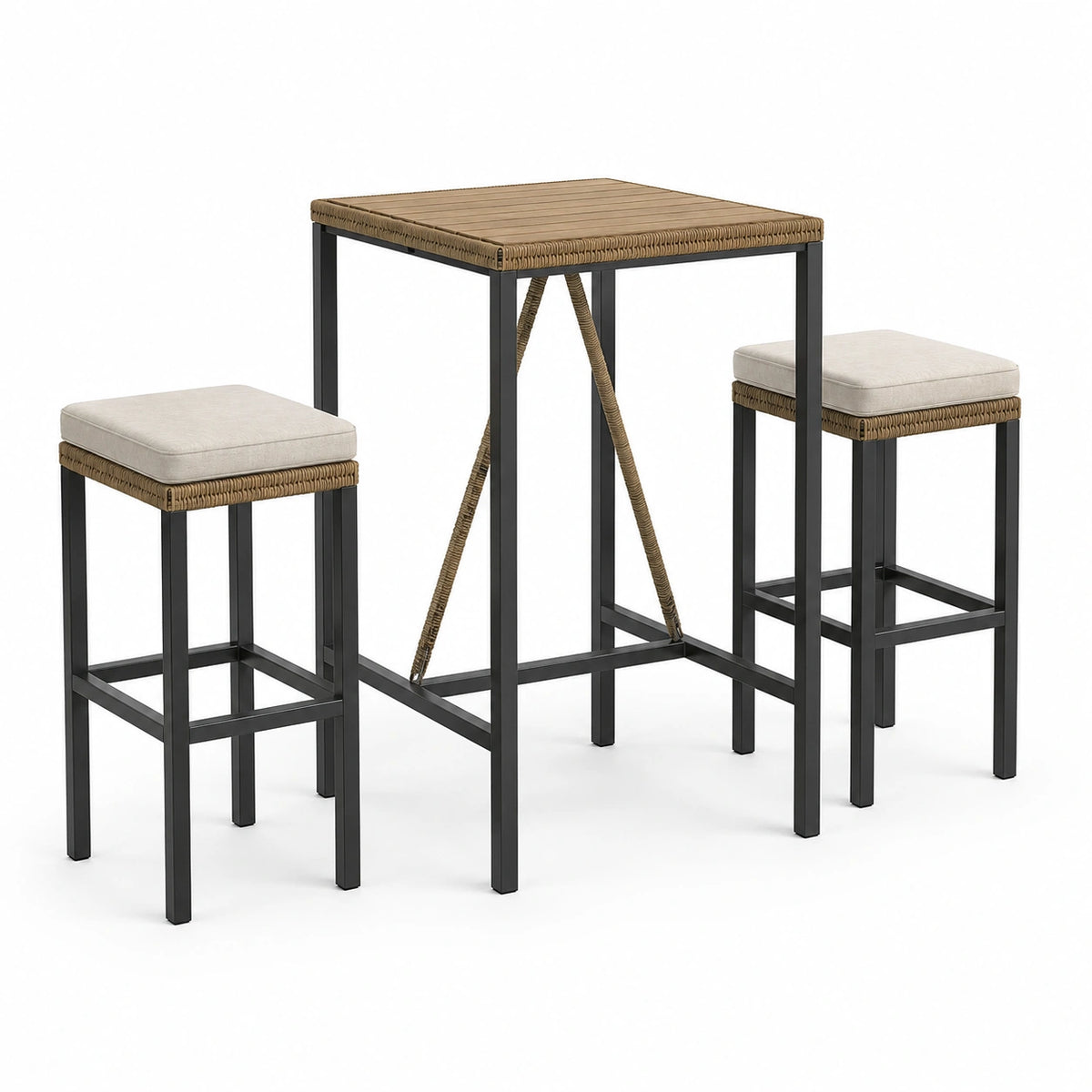 Ensemble 3 pièces avec table haute 60 × 60 × 90 cm et 2 tabourets 38 × 38 × 65 cm, noir, brun et beige