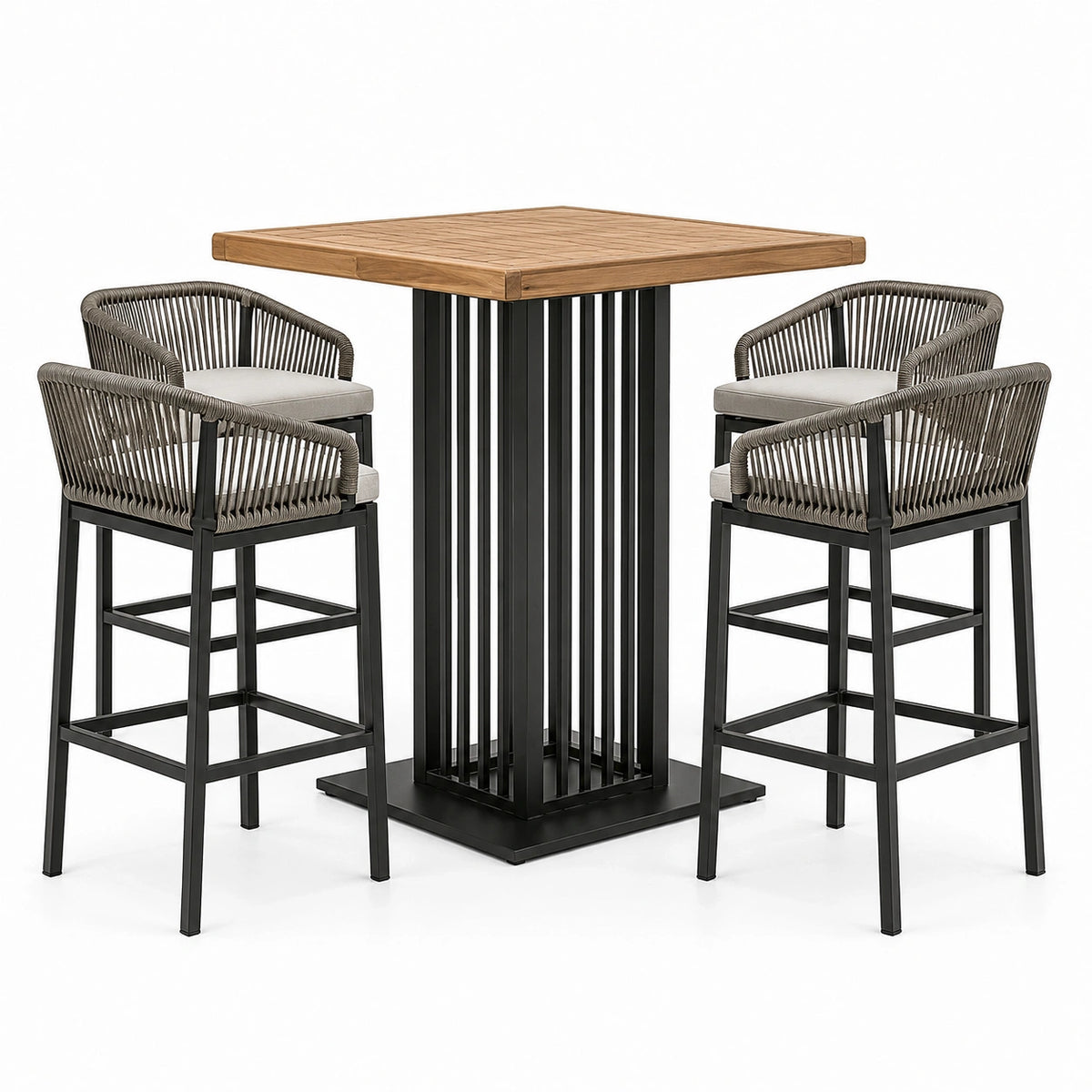 Ensemble de jardin 5 pièces marron, noir et gris avec table haute 90 × 90 × 105 cm et 4 tabourets 56 × 57 × 98 cm