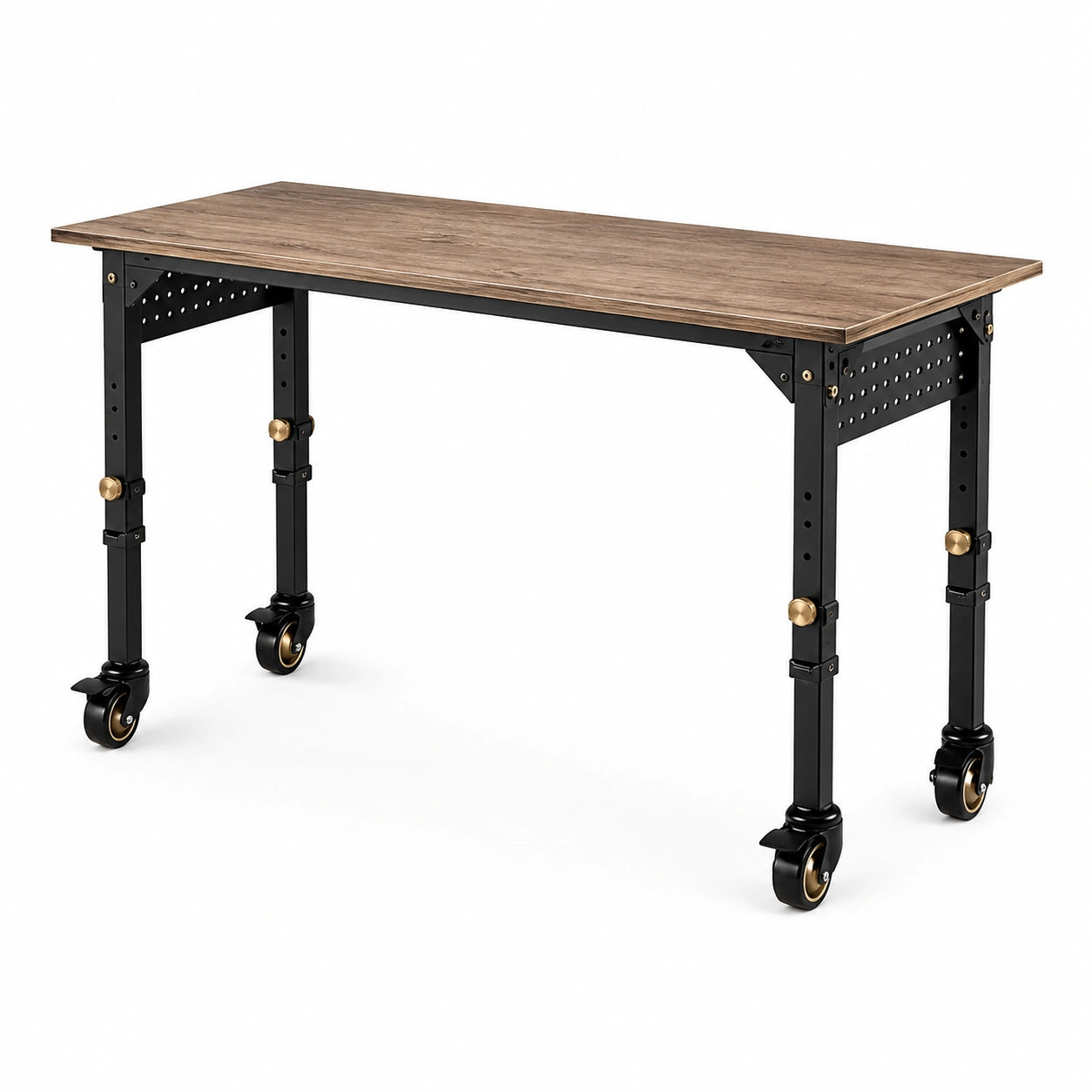 Bureau réglable en hauteur 120 × 60 × 76–116 cm, plateau effet bois marron, structure noire et roulettes avec freins