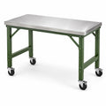 Table de travail mobile industrielle 120 × 60 × 90 cm avec plateau en acier inoxydable argenté, cadre vert et 4 roulettes pivotantes avec freins