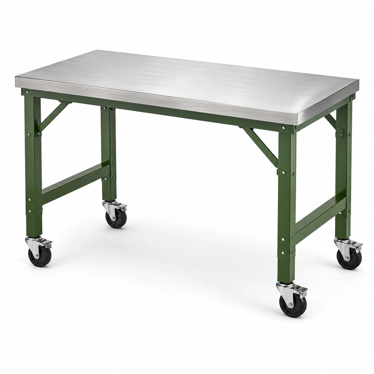 Table de travail mobile industrielle 120 × 60 × 90 cm avec plateau en acier inoxydable argenté, cadre vert et 4 roulettes pivotantes avec freins