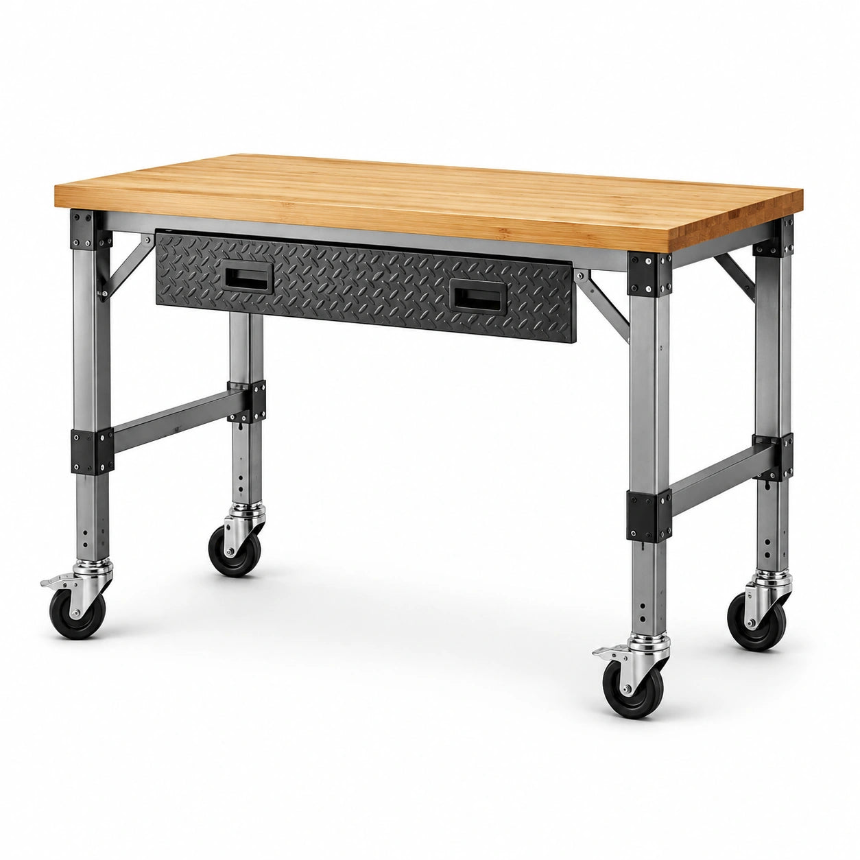 Établi mobile réglable en bambou et acier anthracite avec tiroir et 4 roulettes, 120 × 60 × 72–100 cm