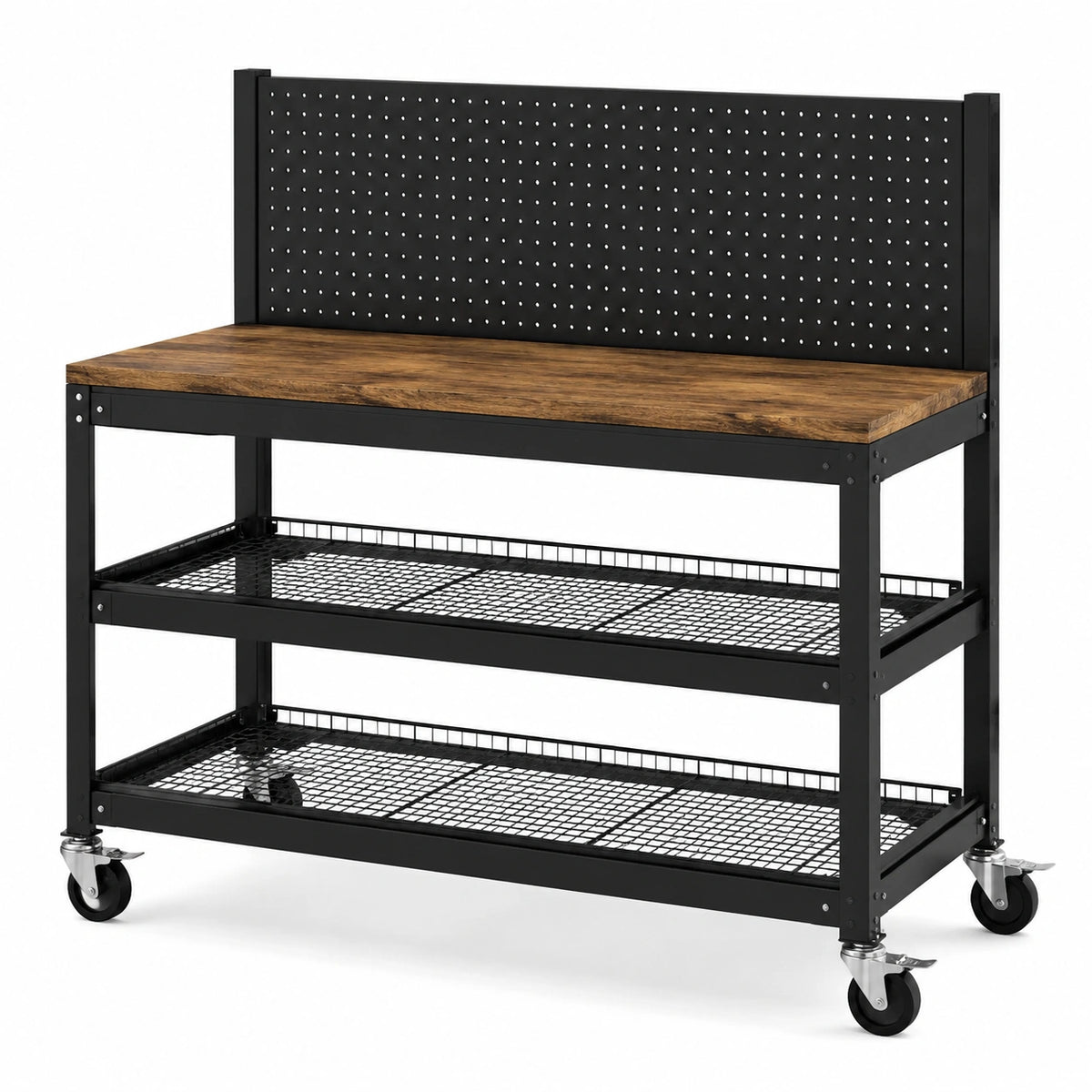 Établi mobile 120 × 60 × 150 cm en acier noir et bois d'ingénierie marron, 2 étagères, panneau perforé et roulettes