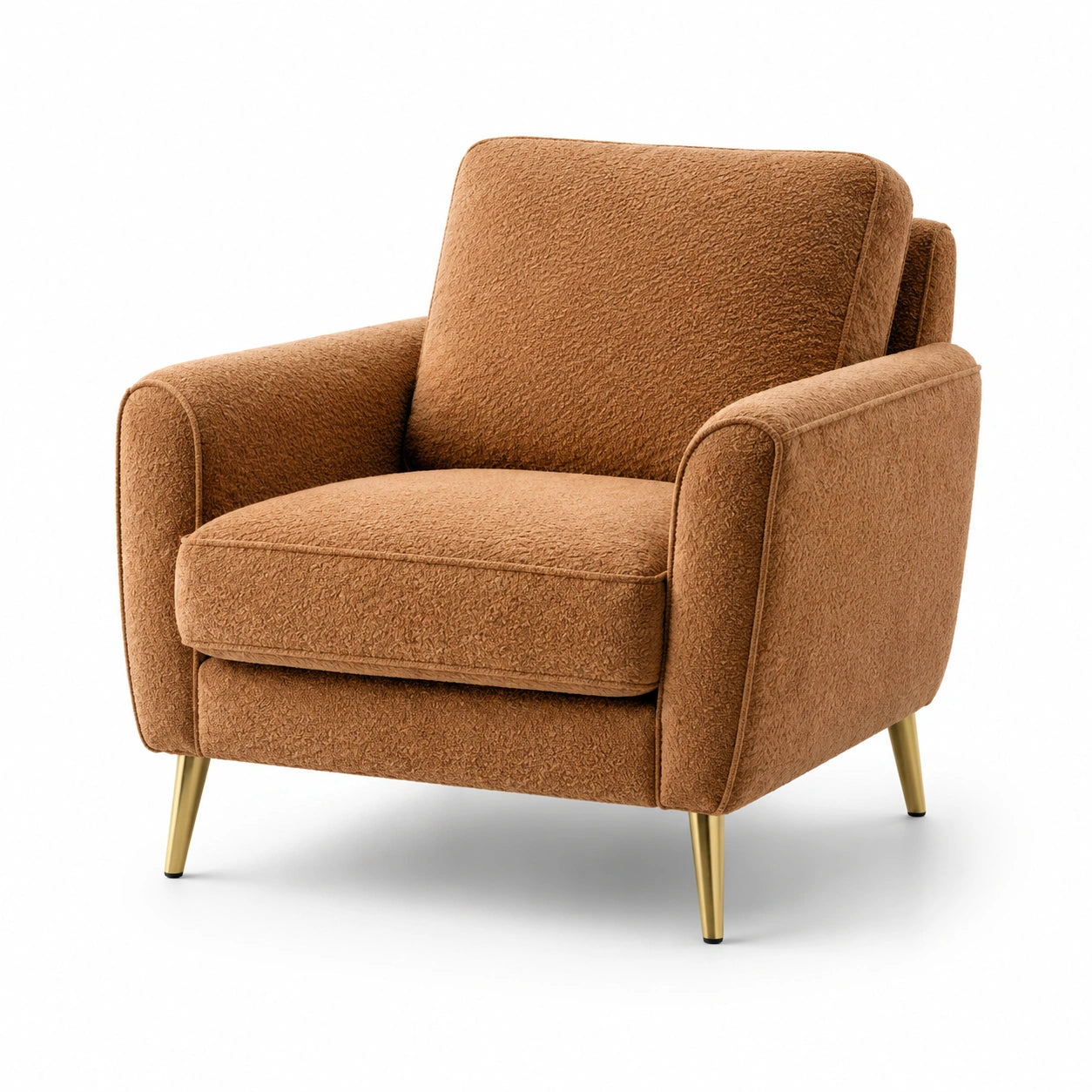 Fauteuil contemporain en tissu bouclé caramel avec pieds en métal doré, 82 × 85 × 86 cm