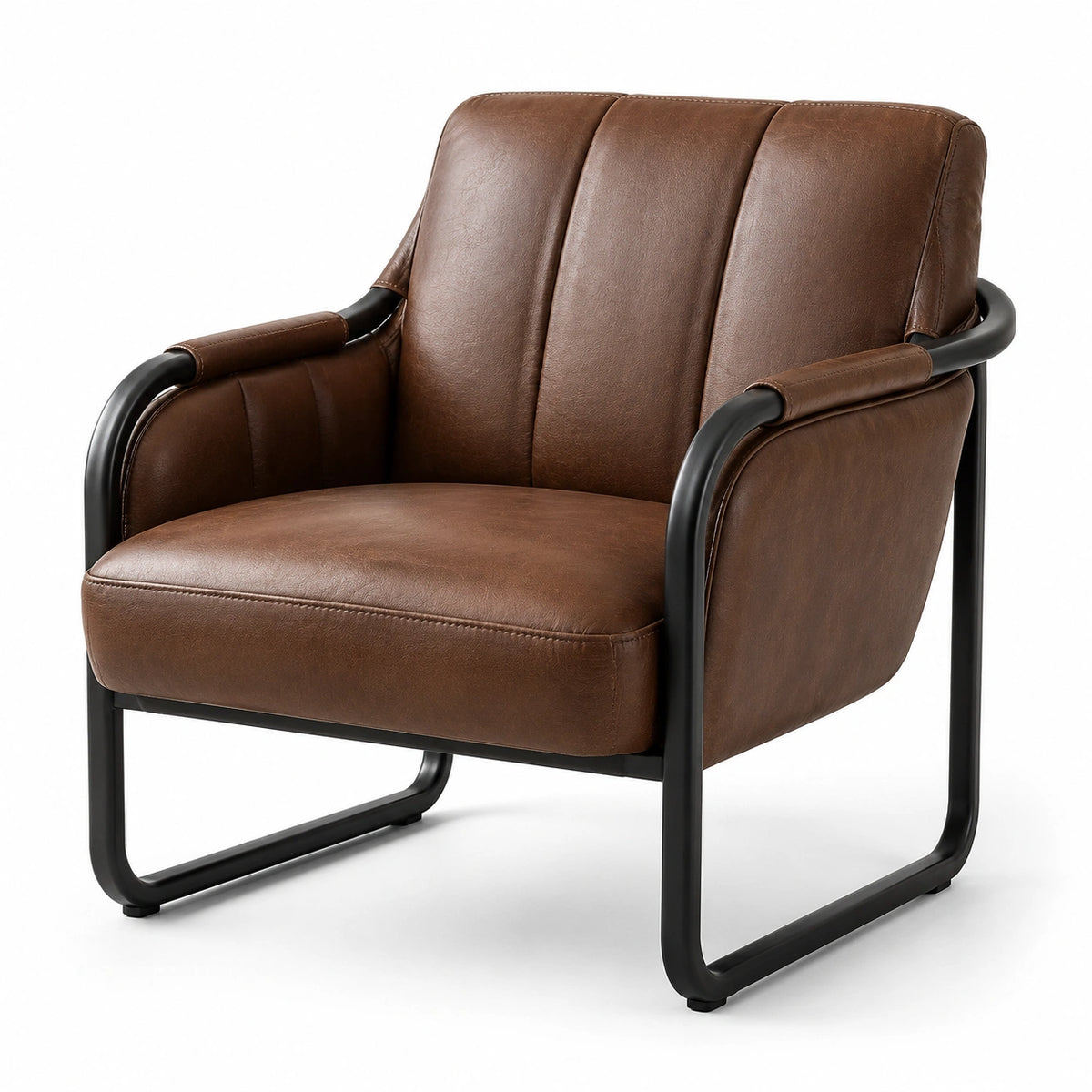Fauteuil industriel en similicuir marron et métal noir, 74 × 78 × 82 cm