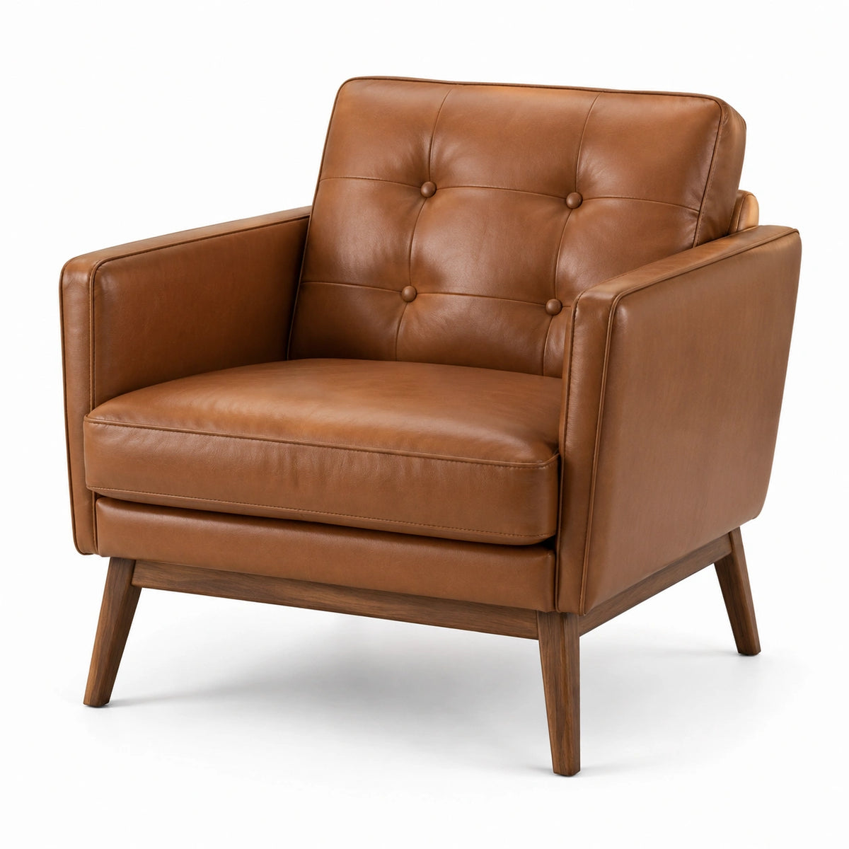 Fauteuil rétro 1 place marron aspect cuir, pieds en bois, 86 × 82 × 85 cm