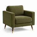 Fauteuil rétro moderne en tissu vert olive avec pieds en bois brun et métal doré, 95 × 85 × 85 cm