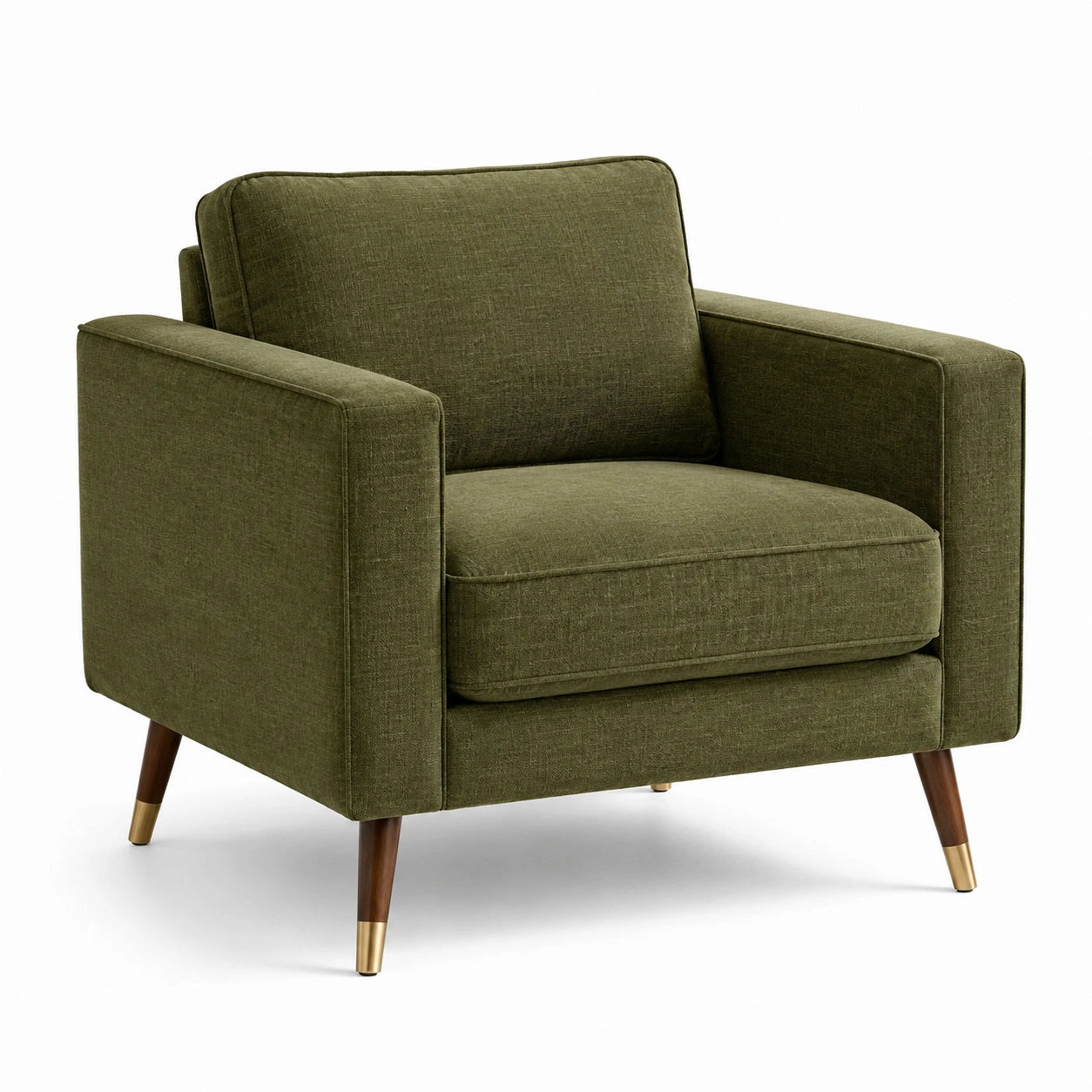 Fauteuil rétro moderne en tissu vert olive avec pieds en bois brun et métal doré, 95 × 85 × 85 cm