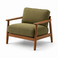 Fauteuil rétro en tissu vert olive avec structure en bois marron, 76 x 82 x 80 cm