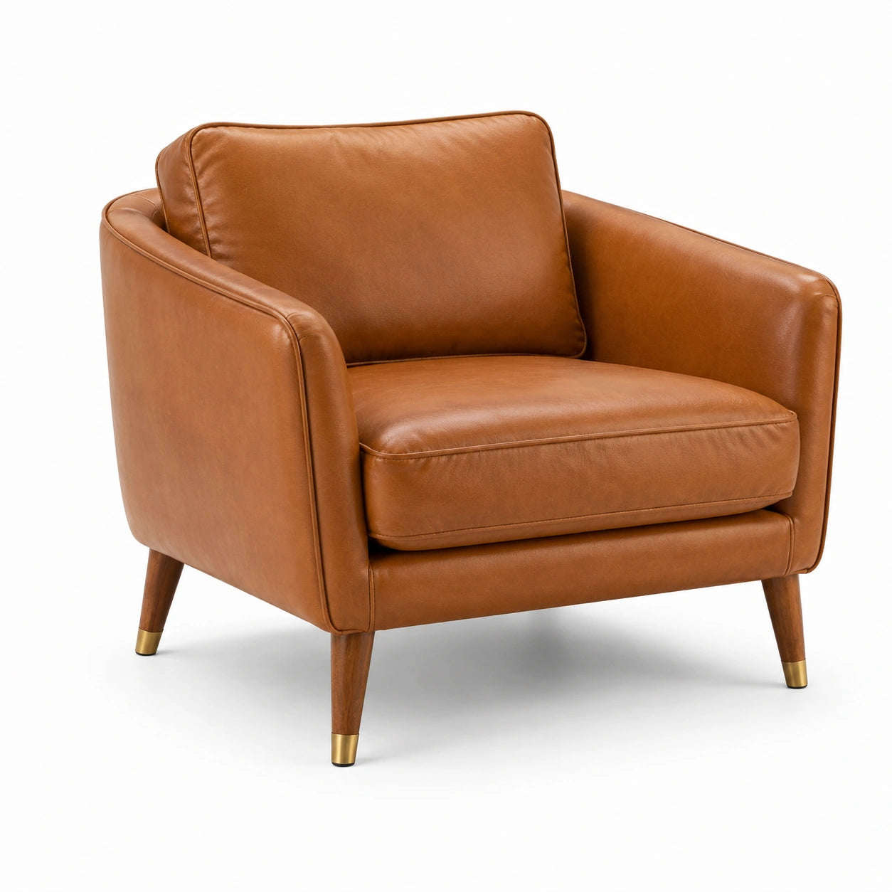 Fauteuil vintage 1 place cognac, pieds en bois marron avec embouts dorés, 90 × 85 × 80 cm