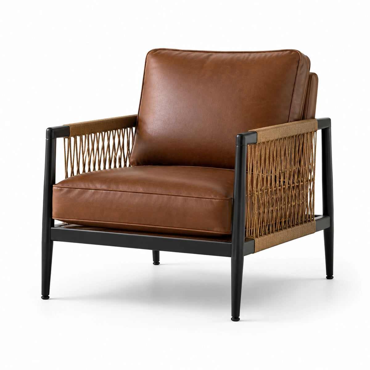 Fauteuil brun 76 × 78 × 82 cm, structure en métal noir et accoudoirs en corde tressée naturelle