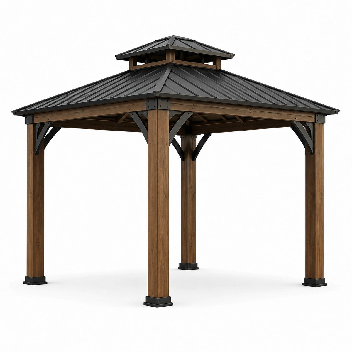 Tonnelle de jardin rectangulaire en bois brun avec toit métallique noir à double niveau, 375 × 319 × 310 cm