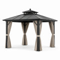 Pavillon de jardin carré à toit rigide avec rideaux, noir et beige, 300 × 300 × 285 cm