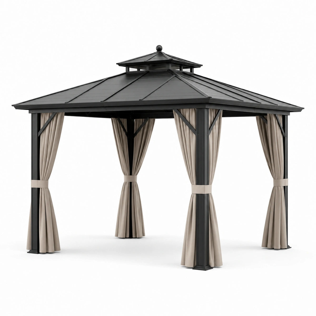 Pavillon de jardin carré à toit rigide avec rideaux, noir et beige, 300 × 300 × 285 cm