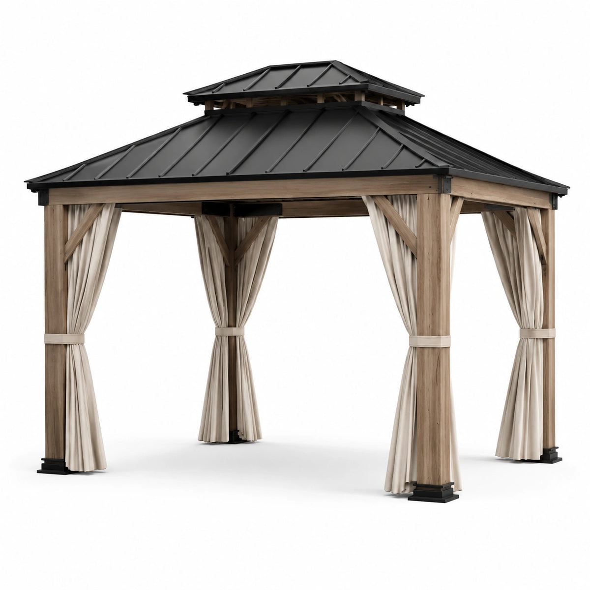 Pavillon de jardin carré en bois naturel avec toit métallique noir et rideaux beiges, 300 × 300 × 290 cm
