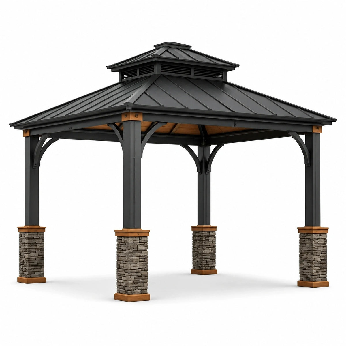 Pavillon de jardin noir, brun et gris 400 × 300 × 330 cm avec toit rigide ventilé