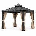 Tonnelle de jardin carrée 300 × 300 × 280 cm en métal anthracite, toit rigide à double niveau et rideaux beiges