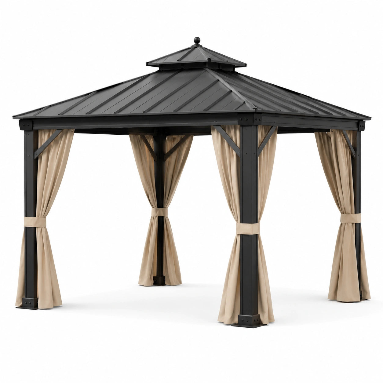 Tonnelle de jardin carrée 300 × 300 × 280 cm en métal anthracite, toit rigide à double niveau et rideaux beiges