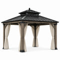 Tonnelle carrée 300 × 300 × 290 cm en aluminium et acier, effet bois gris taupe, toit rigide noir et rideaux beiges