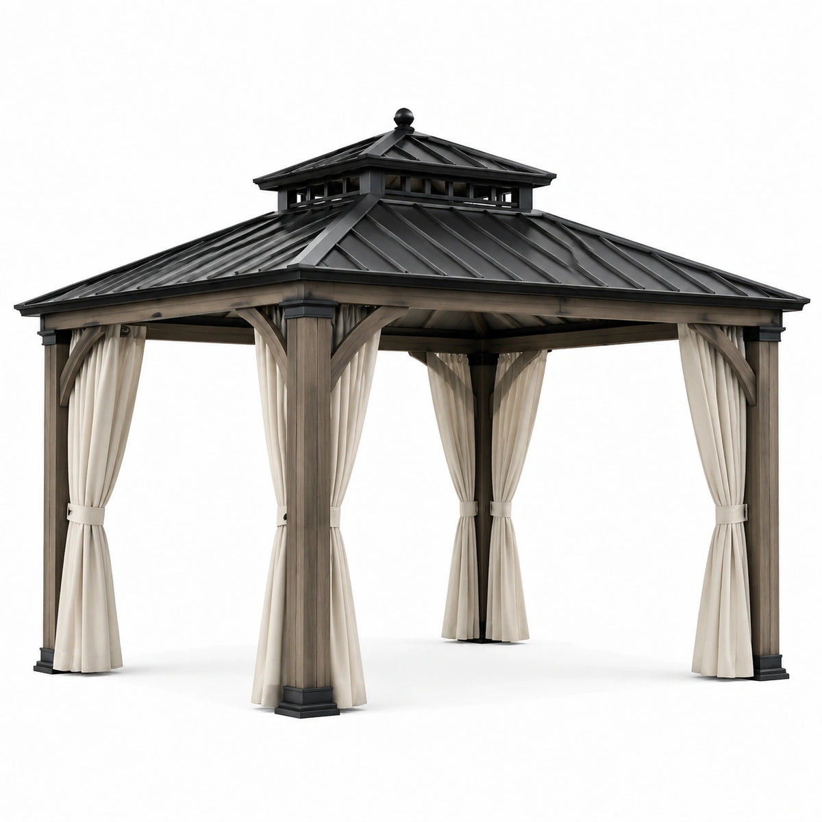 Tonnelle carrée 300 × 300 × 290 cm en aluminium et acier, effet bois gris taupe, toit rigide noir et rideaux beiges