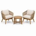 Salon de jardin 3 pièces beige et marron clair en bois et corde tressée – 2 fauteuils 72 × 76 × 80 cm et table Ø 60 × 45 cm